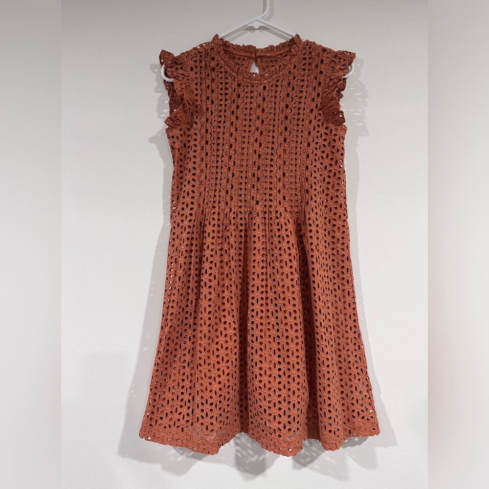 Madewell XXS 00 Eyelet Ruffle-Sleeve Pintuck Mini Dress, Mulled Cider